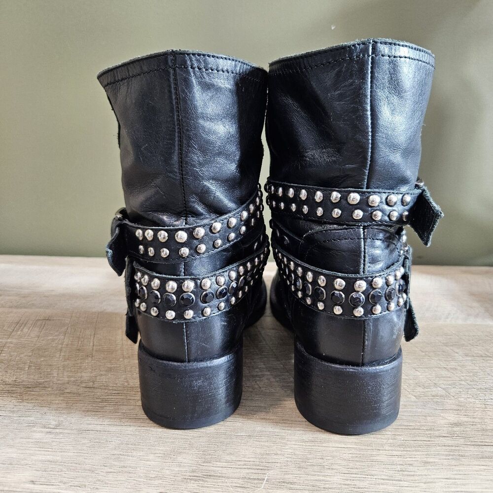 Women's Italian Leather Studded Moto Boots Black Buckle Ankle Booties Size 38 - Picture 3 of 12